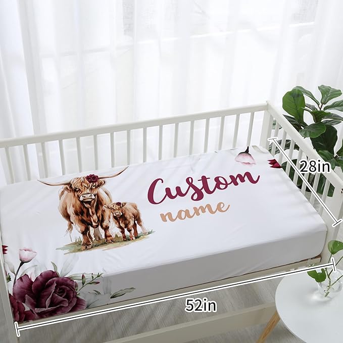 Personalized Baby Crib Bedding Set: 4 Piece Custom Rose Highland Cow Crib Bed Set with Name, Nursery Bedding Set for Baby Girls, Newborn Boys Crib Sets, Crib Bedding Custom Gift, Crib Sheet