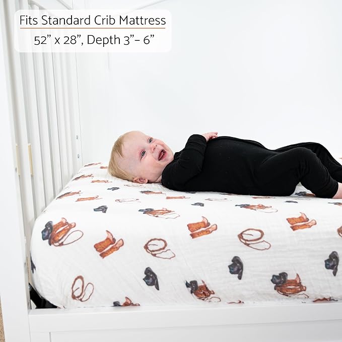 LollyBanks Baby Crib Sheets 2 Pack, 100% Cotton Muslin Breathable Fitted Crib Sheet for Boys, Soft and Snug Baby Bed Sheets for Standard 52"x28" Mattress, Infant Essentials (Cowboy and Solid Tan)