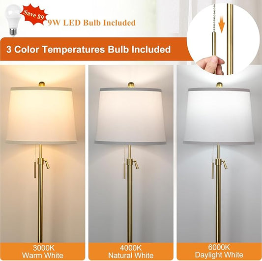 JUNNAI Gold Floor Lamp for Living Room, Tall Standing Lamp 55-65" Adjustable Modern Brass Floor Lamps for Bedroom Reading Office Kids 3 Color Lights Corner Night Stand (9W LED Bulb, White Shade)