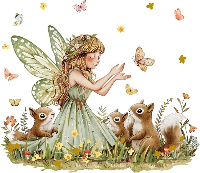 Forest Fairy Squirrel Wall Stickers Wildflower Butterflies Reusable Peel and Stick Wall Clings for Nursery Kids Room Bedroom Home Decor