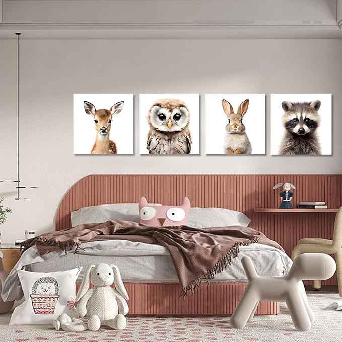 GLOKAKA Nursery Decor Animals Print Painting Kids Canvas Wall Art Baby Room Funny Decor Poster Kids Bedroom and Playroom Decoration,Gallery Wrapped,4 Panels