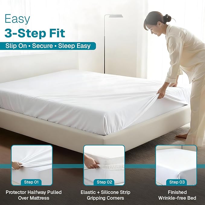 Fabdreams King Organic Cotton Mattress Protector, Waterproof, 78x82+17in, GOTS Certified, Temperature Regulating, Breathable, White
