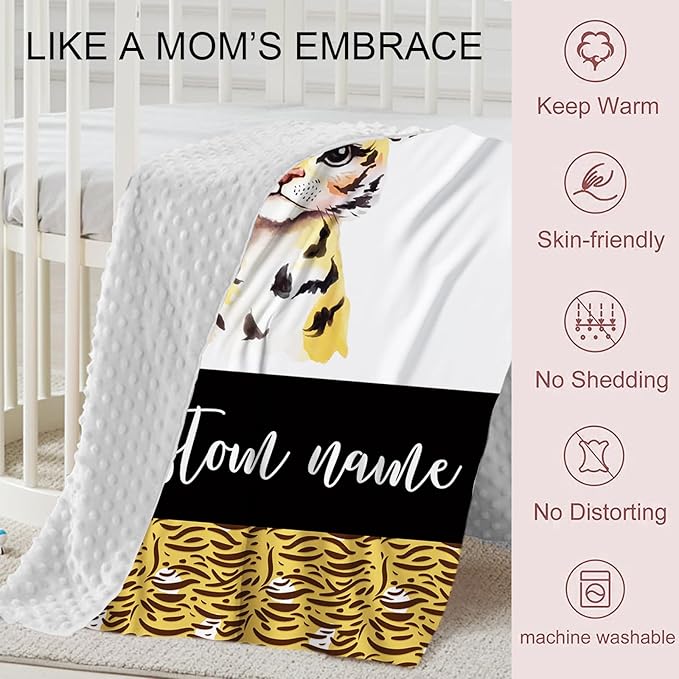 Personalized Baby Crib Bedding Set, Custom Name Tiger Design Baby Bedding 2-Pcs Set-Soft Double Layer Dotted Blanket and Fitted Sheet, Nursery Bedding for Newborn Boys Girls, Perfect Shower Gift