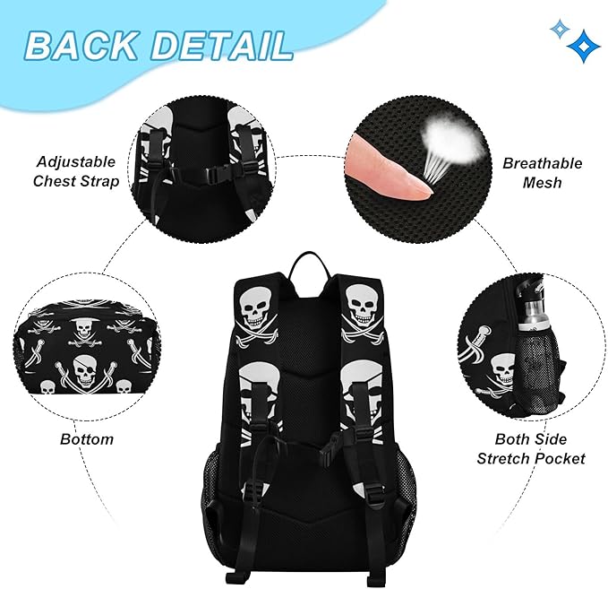 Jucciaco Pirate Skull Backpack with Lunch Bag, School Travel Backpack for Boys Girls Kids Backpacks Set