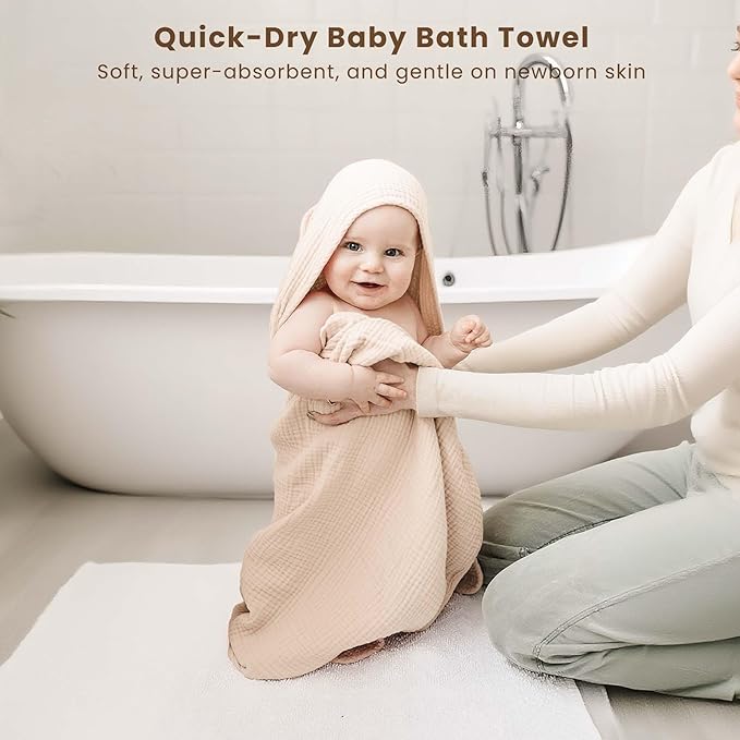 Konssy 2-Pack Muslin Hooded Baby Towels, 100% Cotton, Ultra-Soft & Absorbent Baby Bath Towels with Hood for Newborn & Infant (Cream, Blossom,32" x 32")