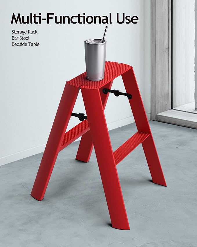 HillhutApex 2 Step Stool, Aluminum Foldable Step Ladder, Lightweight Stable Stool with Non-Slip Pedals, 330lbs Capacity Stylish Ladder for Office,Home,Kitchen -Red