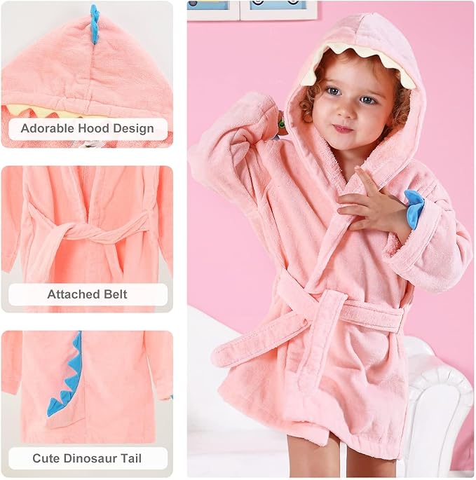 MICHLEY Girls Boys Robe Cotton Towel Baby Animal Dinosaur Style Hooded Bathrobe