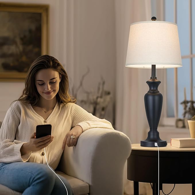 luxeflow 30" Tall Black Table Lamps Set of 2 for Living Room, Touch Control Bedside Lamps for Nightstand, 3-Way Dimmable Bedroom Table Lamp with USB A+C Ports and AC Outlet (2 LED Bulbs Included)
