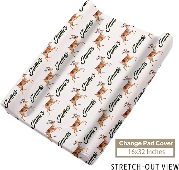 Custom Name Crib Bedding Set 3-Piece – Multi-Grid Deer Design Baby Bedding Set with Personalized Soft Blanket, Fitted Sheet, Changing Pad Cover – Ideal Newborn Gift for Boys and Girls