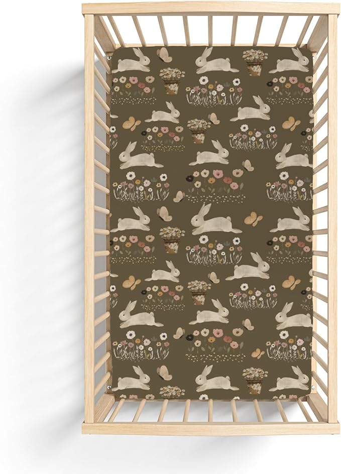 Vintage Hopping Bunnies Baby Crib Sheets for Boy Girl 52x28Inch Retro Rabbits Boho Floral Soft Stretchy Fitted Crib Mattress Cover Spring Easter Baby Sheet for Standard Crib & Toddler Mattresses