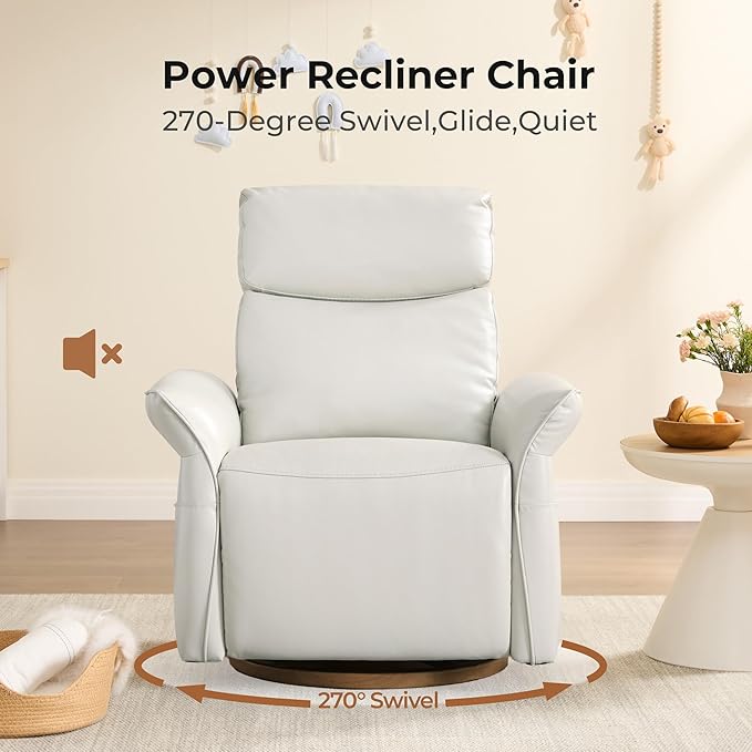 CHITA Genuine Leather Power Recliner Chair, Electric Triple-Motor Swivel Glider Nursery Rocking Chair with Adjustable Power Headrest and Lumbar Support, Solid Wood Base, Creamy Grey