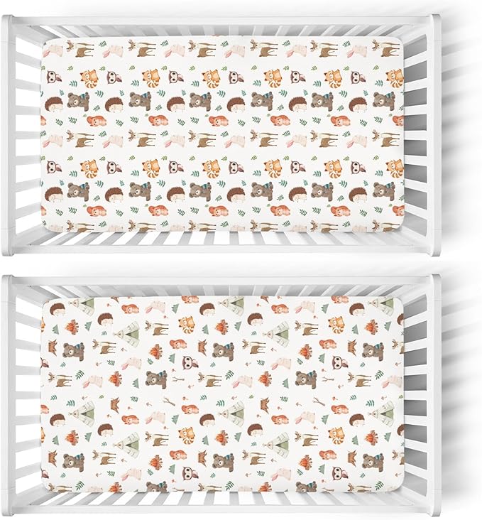 Camping Animals Baby Crib Sheets for Boy Girl 52x28In Bear Deer Raccoon Squirrel Bunny Hedgehog Owl Soft Snug Fitted Crib Mattress Cover Baby Sheet for Standard Crib & Toddler Mattress 2 Pack