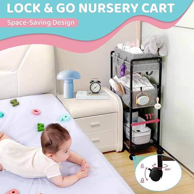 JRANBRJS 2IN1 Baby Diaper Caddy Organizer-3 Tier Rolling Storage Cart with Dividers - Bedside Diaper Caddy Cart for Baby Nursery Newborn Essentials-Mobile Utility Carts with Wheels for Changing Table