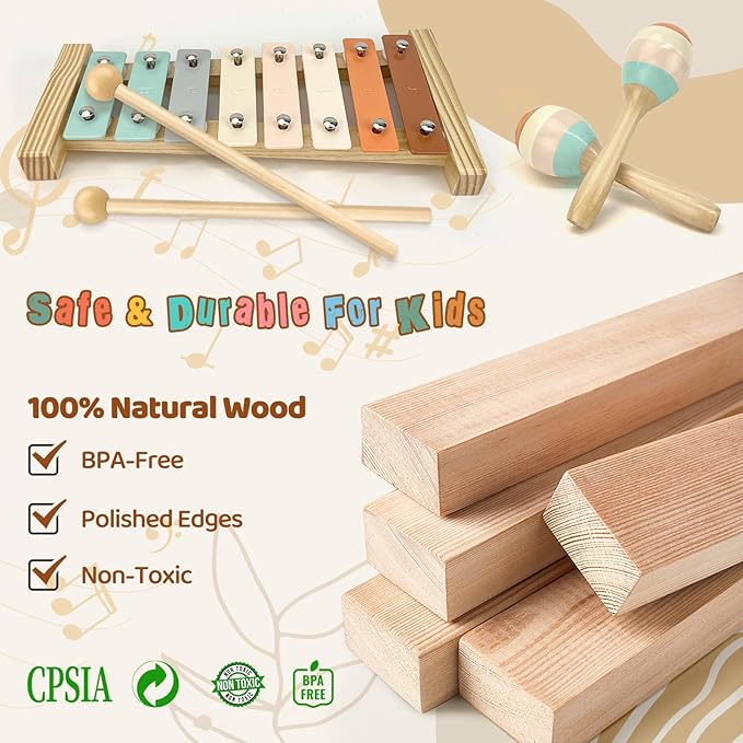 Musical Instruments-Toddler Musical Toys Wooden Montessori Musical Instruments for 1-3 Year Olds | Xylophone & Tambourine Percussion Set with Storage Bag for Kids Preschool Educational 3+