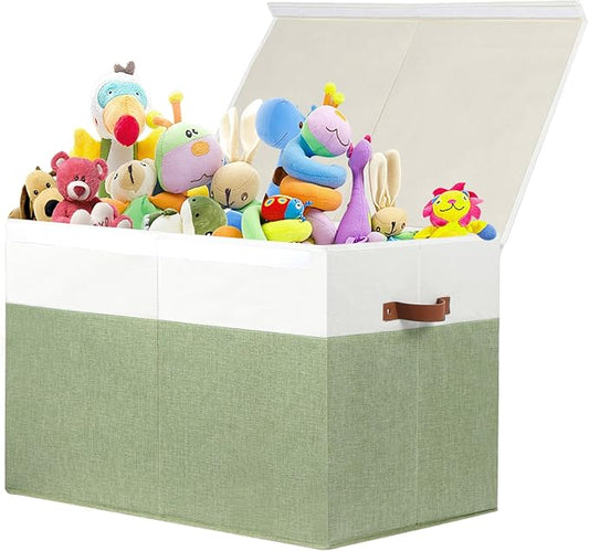 Gowee Large Toy Storage Box with Lid, Sturdy Toys Storage Chest Bin Organizer Basket with Dividers for Kids, Boys, Girls, Nursery, Closet, Bedroom, Playroom 26"x17" x17" (Green and White)