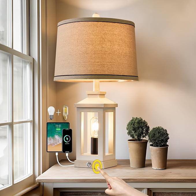 G-SAFAVA 23.75" Retro Farmhouse USB C+A Ports Table Lamp with 3 Way Dimmable Touch Control White Nightlight Vintage Modern Lamp for Living Room Bedroom with 2 Light Sources