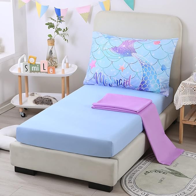 URBONUR 4 Piece Toddler Bedding Set for Girls Blue Purple Mermaid Toddler Bedding Sets Cartoon Scales Toddler Bed in a Bag for 2-6 Years