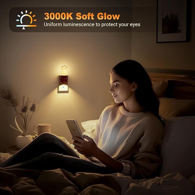JandCase Nightlight Flameless Candle, 2 Pack Night Lights Plug into Wall, 0-100LM Dimmable Nightlight, 3000K Soft White, LED Candle Night Light with Light Sensor, for Kids Hallway Bathroom