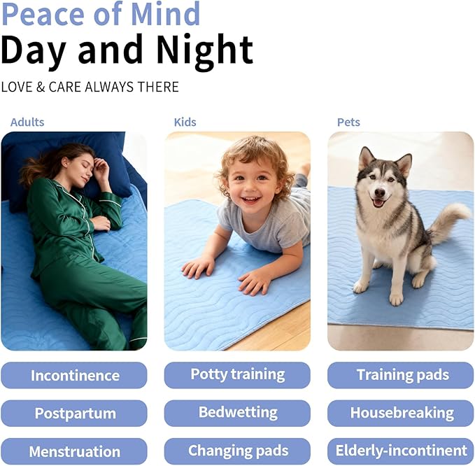 Accompagner Waterproof Reusable for Adults and Pets Washable Pee Pads for Dogs Changing Pad Large Dog Bed Size Adults Incontinence Bed Pads - Non-Slip Leak-Proof (Blue, 4Pack-36" x54")