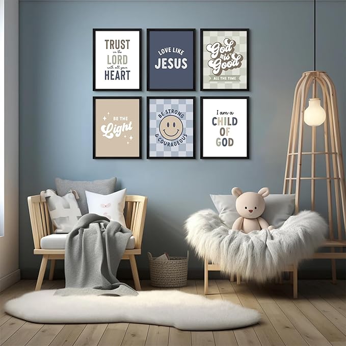 Bible Verses Wall Art Decor Christian Boy Nursery Canvas Wall Decor Boy Kids Room Posters Scriptures Religious Prints Modern Children Christian Pictures Artwork for Bedroom 12x16x6 Inch Framed