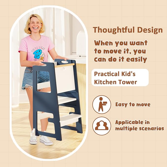 Kitchen Step Stool, Standing Tower for Kids, Adjustable Height Toddler Kitchen Tower with Anti-Slip Design & Safety Rails, Toddler Standing Step Stool with Wide Stable Base-Blue