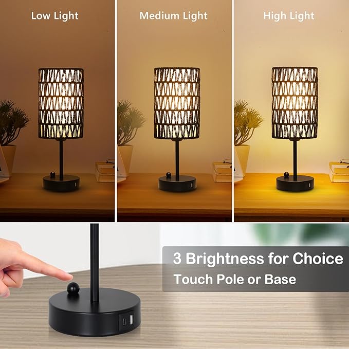 Eayaya Black Bedside Lamps Set of 2, Touch Control Night Stand Lamp for Bedroom with Rattan & Linen Shade & Bulbs, 3 Way Dimmable Small Boho Table Lamps with USB Charging Port & Phone Stand