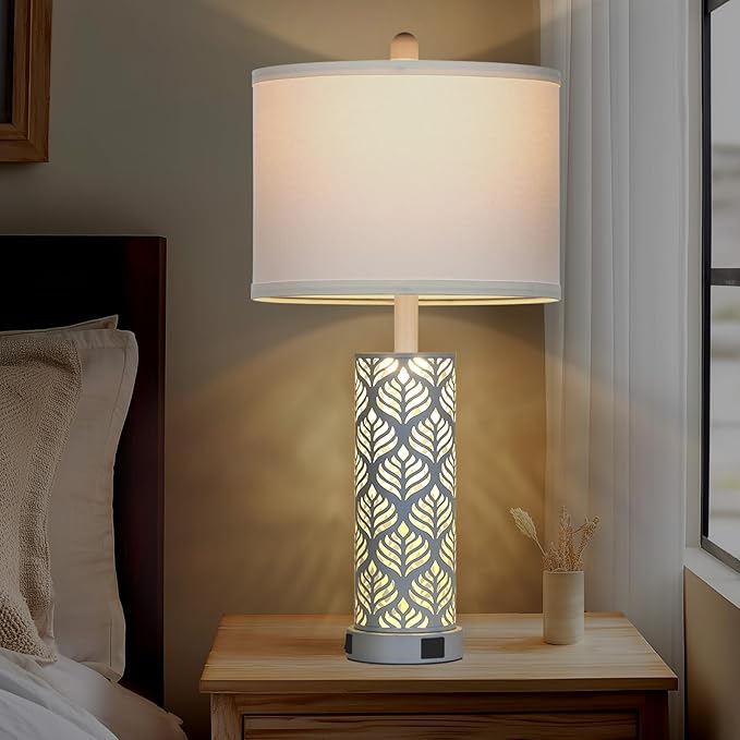 Cinkeda Set of 2 Rustic Table Lamps for Living Room Bedroom, Vintage Farmhouse Nightstand Lamp with 2 USB Ports, Hollow Out Metel Lamp for End Table with Nightlight (White)