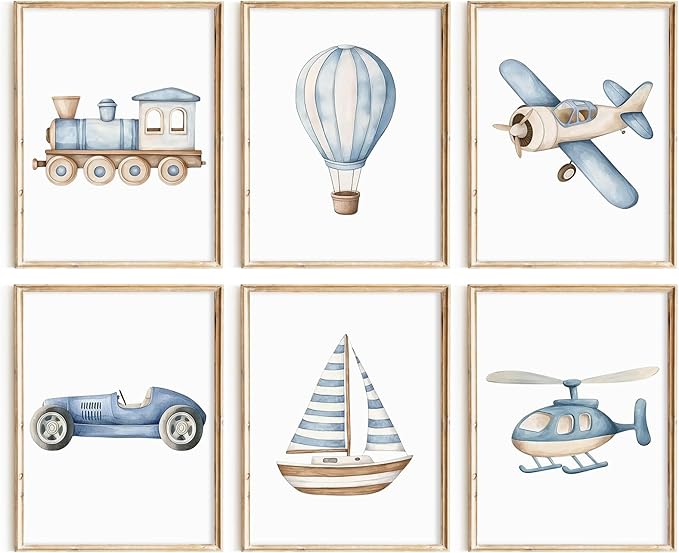Lhoiplme Baby Boy Nursery Wall Art Transportation Blue Car Canvas Prints Vintage Toddler Vehicle Pictures Decor Hot Air Balloon Airplane Nursery Poster for Kids Boys Room Bedroom 8x10x6 Inch Unframed