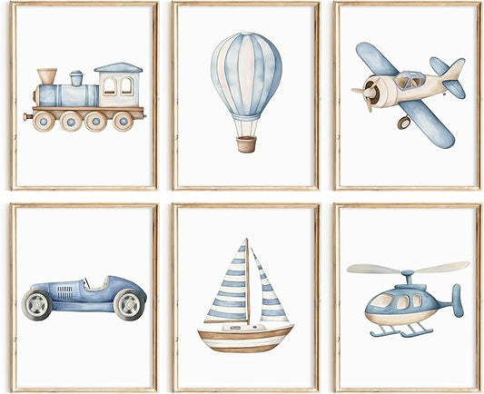 Lhoiplme Baby Boy Nursery Wall Art Transportation Blue Car Canvas Prints Vintage Toddler Vehicle Pictures Decor Hot Air Balloon Airplane Nursery Poster for Kids Boys Room Bedroom 8x10x6 Inch Unframed