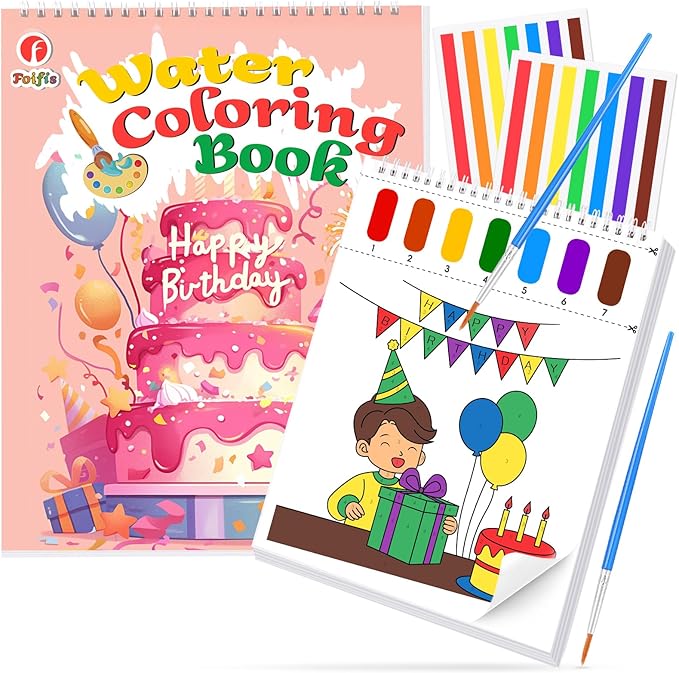 Paint with Water Coloring Books for Toddlers, Watercolor Painting Book and Drawing Art Paper for Kids Ages 3 4 5 6 7 8 Years Old, Happy Birthday Art Craft for Drawing with Brush