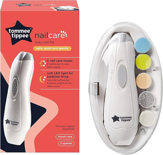 Tommee Tippee Electric Baby Nail File, with Six Filing Heads for Baby and Adult Use, Battery-Powered Infant Nail Clipper with LED Light and Adjustable Speed and Direction Settings