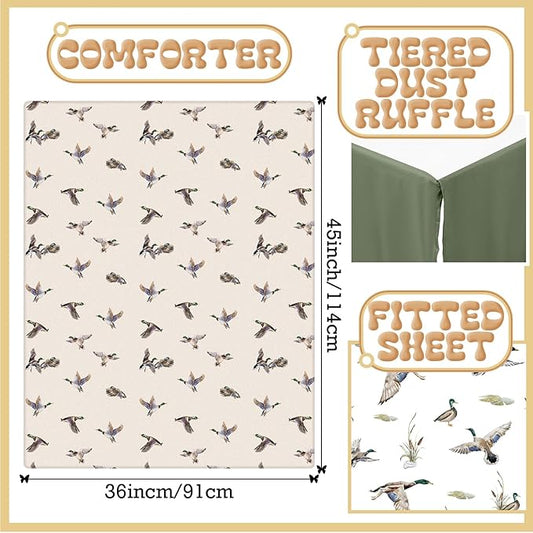 3 Pieces Mallard Duck Nursery Crib Bedding Set for Girls Boys Mallard Duck Baby Standard Size Bedding Sets with Comforter Fitted Sheet Crib Skirt