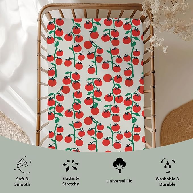 Sweet Red Tomatoes Baby Crib Sheets for Boy Girl 52x28Inch Cute Cherry Tomato Soft Stretchy Fitted Crib Mattress Covers Red Summer Tomato Fruit Baby Sheets for Standard Crib and Toddler Bed Mattress