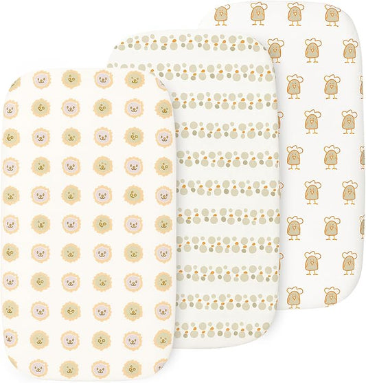Bassinet Sheets for Baby Girl & Boy – 3-Pack Soft Fitted Bassinet Sheets, Organic Cotton, Breathable & Cozy, Fits 32x16x4 Inch Rectangle, Oval & Hourglass Mattresses, Lion Head