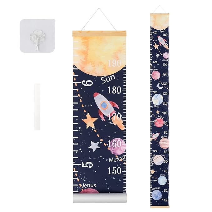 BESSLEE Canvas Kids Growth Chart for Wall, Galaxy Space Height Measurement Tracker for Baby Boy, Hanging Ruler with Removable Hook, Nursery Room Playroom Toddler Bedroom Decor, 79”x7.9”