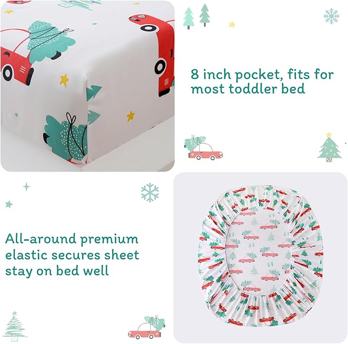 JSD Red Cars Christmas Tree Toddler Bedding Set, 4 Piece Bed-in-Bag Comforter Sheet Set, Machine Washabale Comfortable
