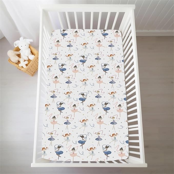 Cream Dancing Girls Baby Crib Sheets for Girls Neutral Little Ballet Dancers Soft Snug Fitted Crib Mattress Covers for 52''x28'' Standard Crib & Toddler Mattress Pad Girly Ballet Dancer Baby Sheets