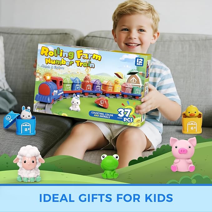 Learning Toys for Toddlers 1 2 3 Year Old,Electric Farm Train Set for Girls 2-4,Counting Matching & Sorting Montessori Train Toy with Farm Animals, Music, Light, Christmas Birthday Gift Baby (blue)