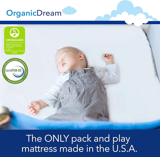 ORGANICDREAM Deluxe Pack & Play Mattress I 2-Stage Dual-Sided I GreenGuard Gold Certified I 100% Breathable I Firm Infant Side + Softer Side Memory Foam