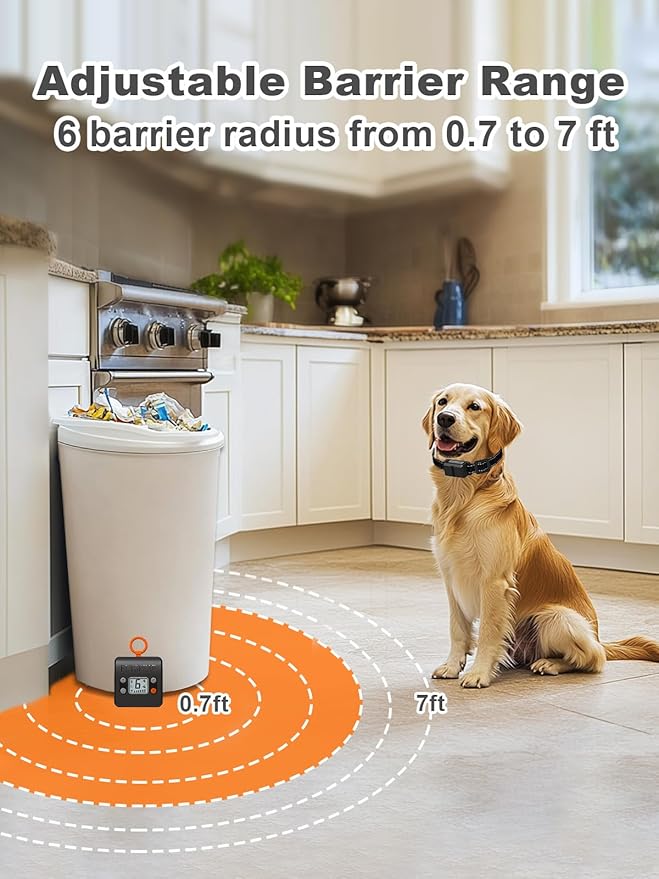 FLYSPEAR Wireless Pet Barrier - Rechargeable Indoor Barrier with 6 Adjustable Range Radius up to 7 ft, 6 Adjustable Safe Static Intensity, Electric Fence System with Hook (Transmitter Only)