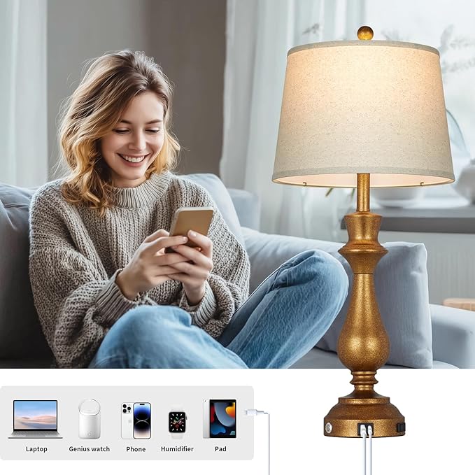luxeflow Retro Gold Table Lamps Set of 2 for Living Room,30" Tall Bedside Lamp with USB Charging Port,3-Way Dimmable Touch Nightstand Lamp for Bedroom Desk Side Table Office,Copper Gold