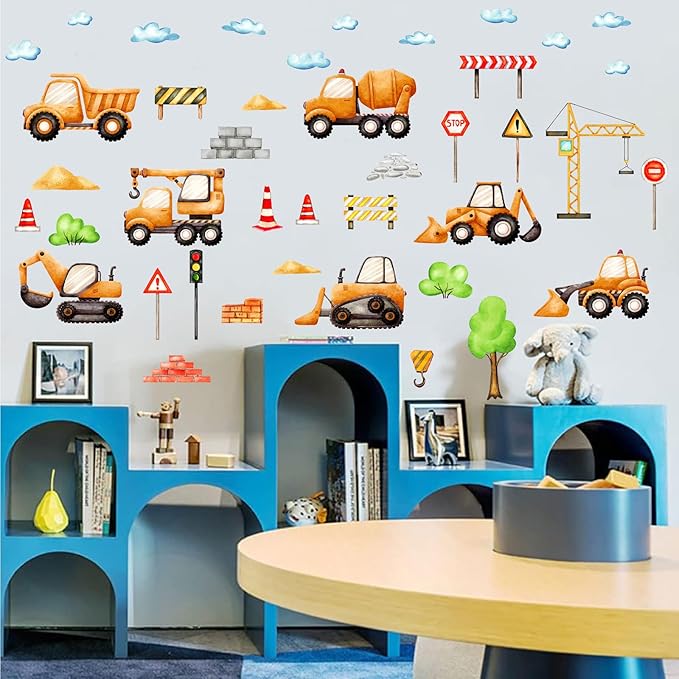 Car Truck Wall Decals Construction Vehicle Wall Stickers Cartoon Watercolor Car Tractor Stickers Peel and Stick Transportation Wall Decals for Kids Room Boys Bedroom Playroom Nursery Decor