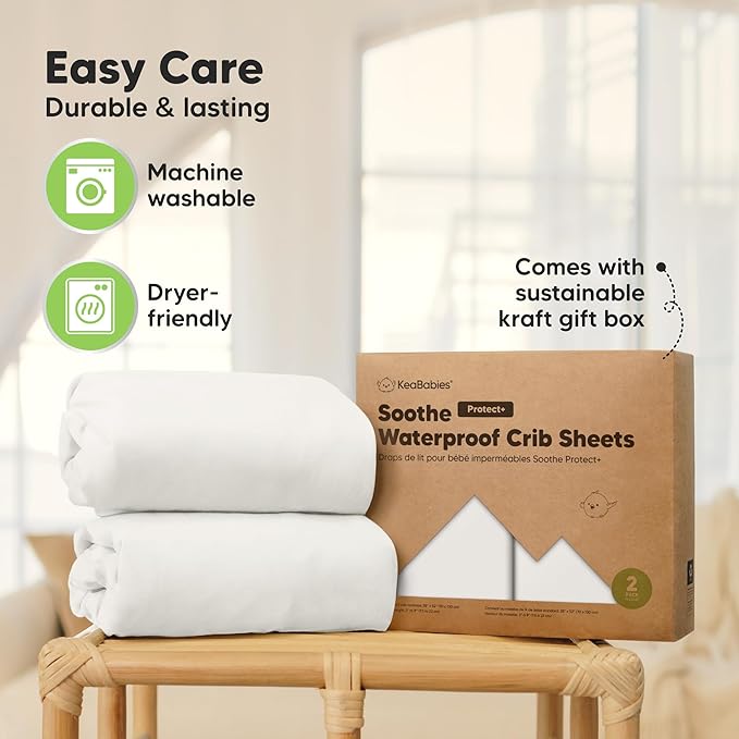 2-Pack Waterproof Crib Sheets for Girl, Boy - Organic Cotton 52X28 Fitted Crib Sheets Neutral,Crib Mattress Protector Sheets,Soft Toddler Bed Sheets,Washable Infant Fitted Baby Crib Sheets(Soft White)