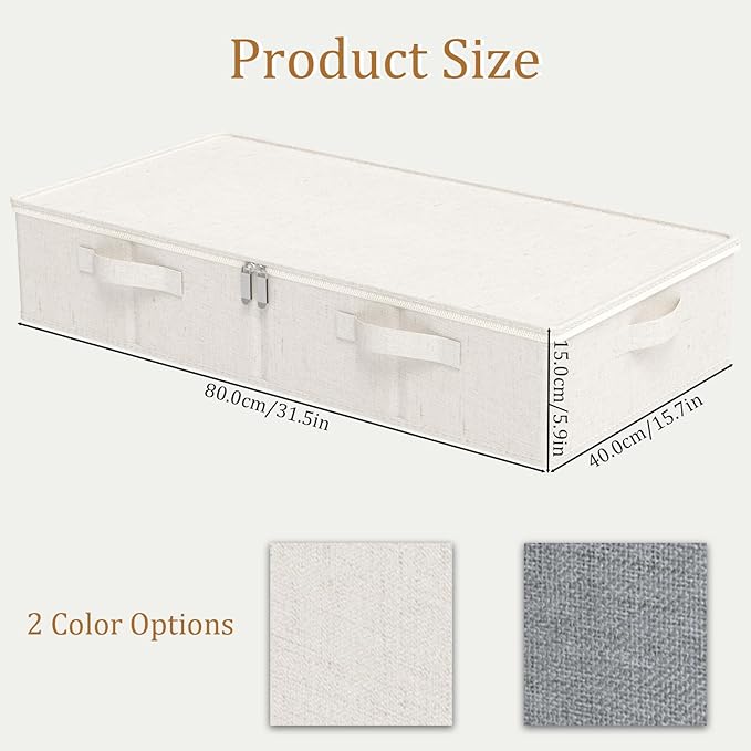 ENUMAIL Underbed Storage Bins Compartment, Foldable Under Bed Boxes Organizer, Cube Container with Lid for Organizing Clothes, Sheets, Blankets, Comforter, 31.4x15.7x5.9in, Beige, 2 Pack
