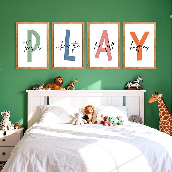 Cute Alphabet Play Framed Wall Art Set of 4, Natural Educational Alphabet Wooden Sign for Baby Girl Kid Boy Toddlers, Neutral Boho Preschool English Letters Nursery Decor for Homeschool Playroom