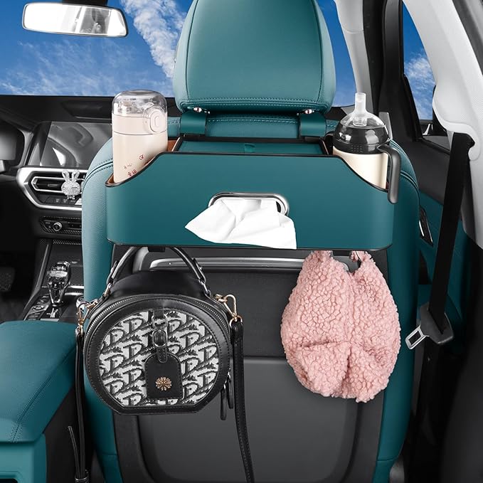 HALOYIVGO Car Seat Back Organizer - Stylish & Functional Storage for Family Adventures - Cup Holders, Tissue Box & Hooks - Perfect for Kids, Road Trips & Travel (Navy Blue)