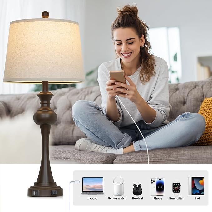 Cinyirong Brown Touch Table Lamps,28.75" Tall Bedside Lamps with USB C+A Ports, 3-Way Dimmable Table Lamp, Nightstand Lamps for Bedroom, Living Room，Brown Lamps with Beige Lampshade, Bulb Included