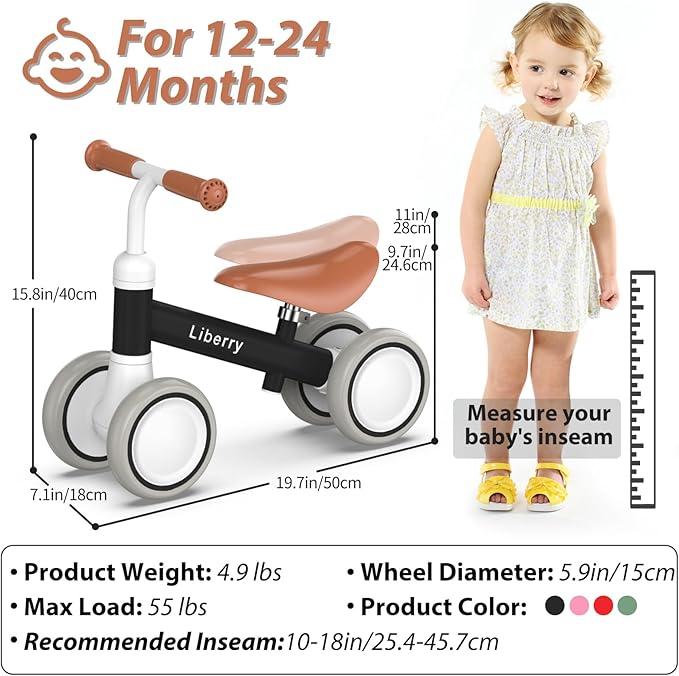 Liberry Baby Balance Bike with Adjustable Seat, Toddler First Ride-On Toy for 1-2 Year Old, Boys Birthday Gift