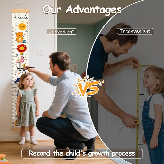 Personalized Name Baby Height Growth Chart Wall, Animal Canvas Kids Height Wall Chart Removable, Waterproof Height Chart Nursery Wall Decor for Baby Kids Toddlers