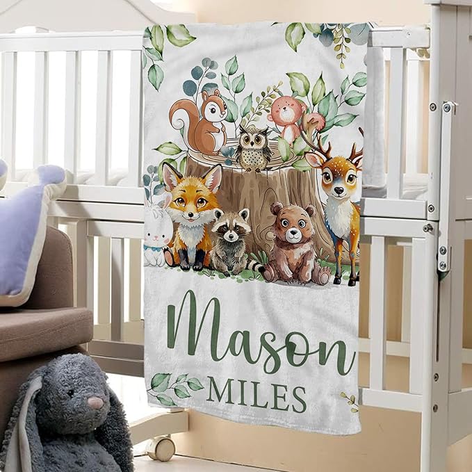 Personalized Baby Crib Bedding Set: 4 Piece Custom Gift Crib Bed Set with Name - Animal Stump Design, Nursery Bedding Set for Baby Girls,Newborn Boys Girls Crib Sets, Crib Bedding Shower Gifts